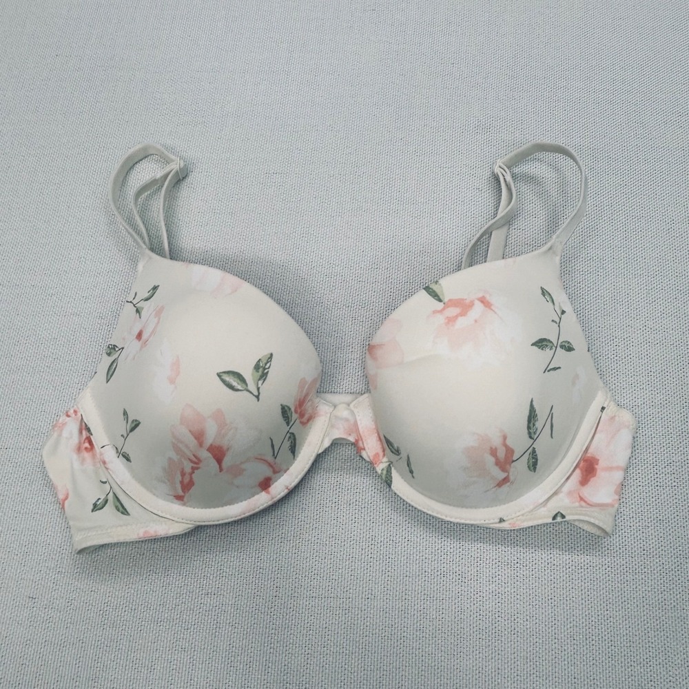 Victoria's Secret PINK Wear Everywhere Push-Up Bra 34B Floral Cream Pink Rose